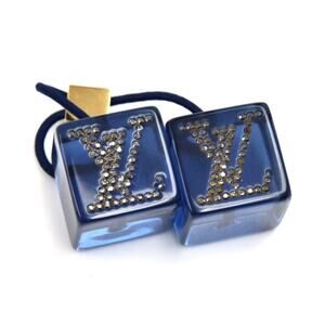 AUTH Louis Vuitton Dark Blue Lucite LV Rhinestone Logo Jumbo XL Hair Tie Cubes